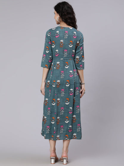 Green Floral Printed Flared Dress