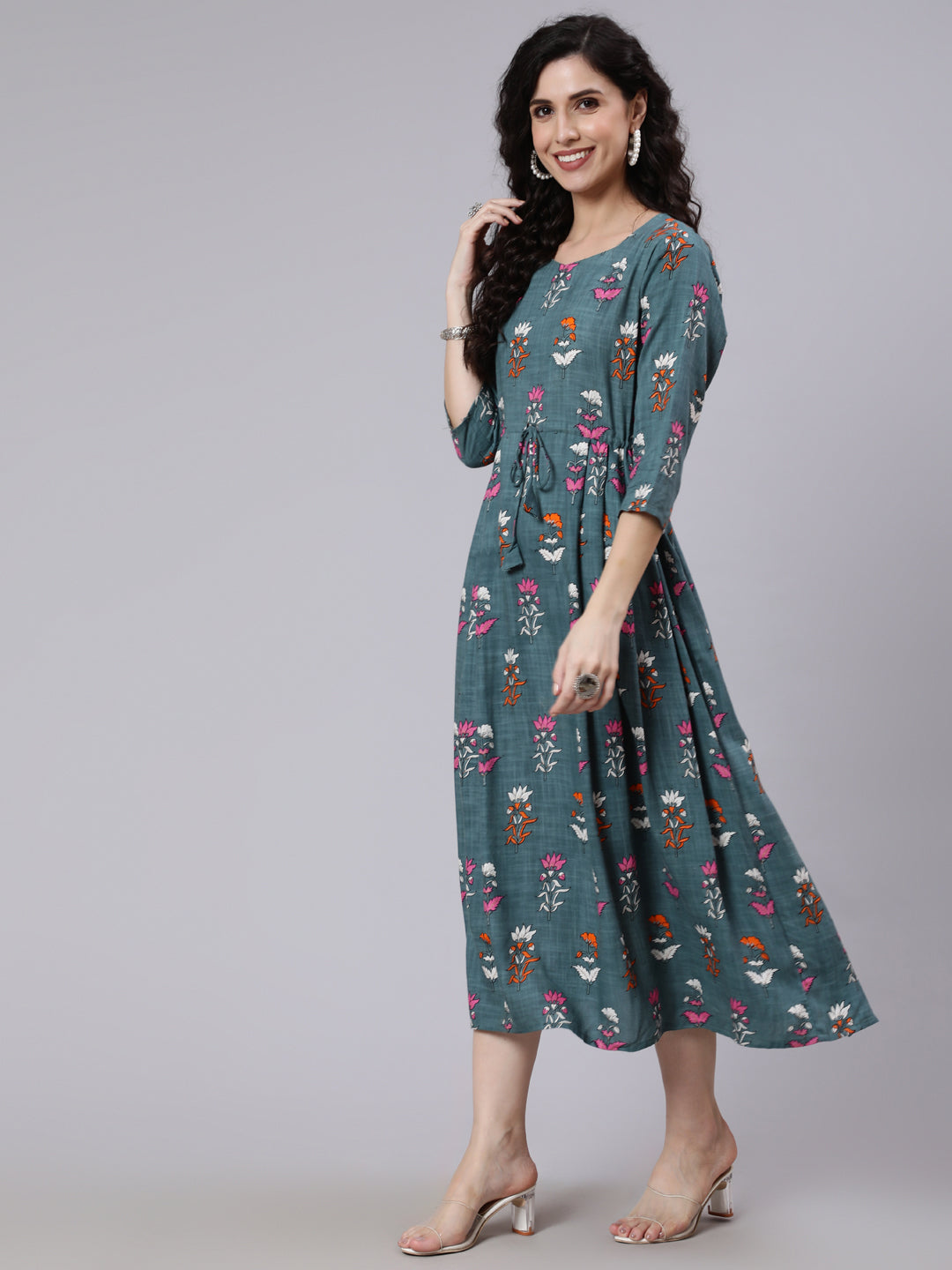 Green Floral Printed Flared Dress