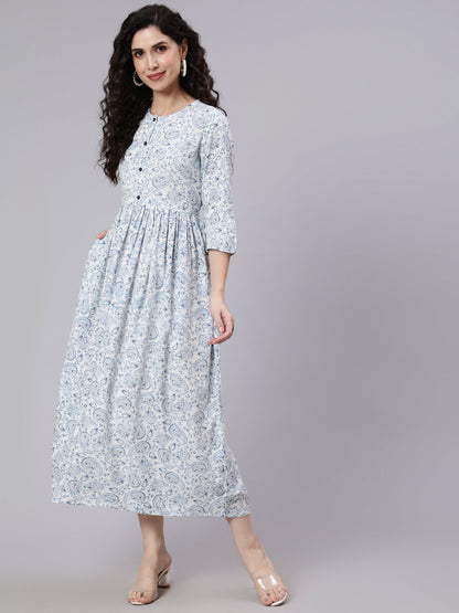 White And Blue Ethnic Printed Flared Dress