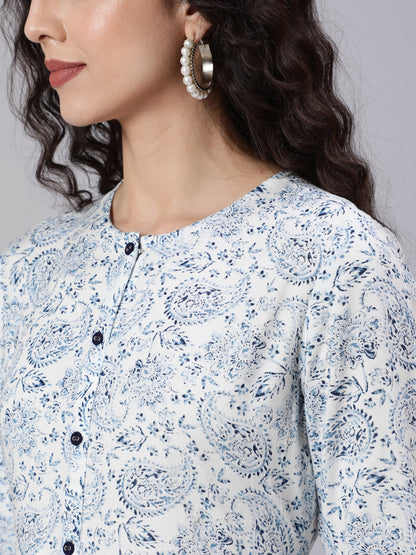 White And Blue Ethnic Printed Flared Dress