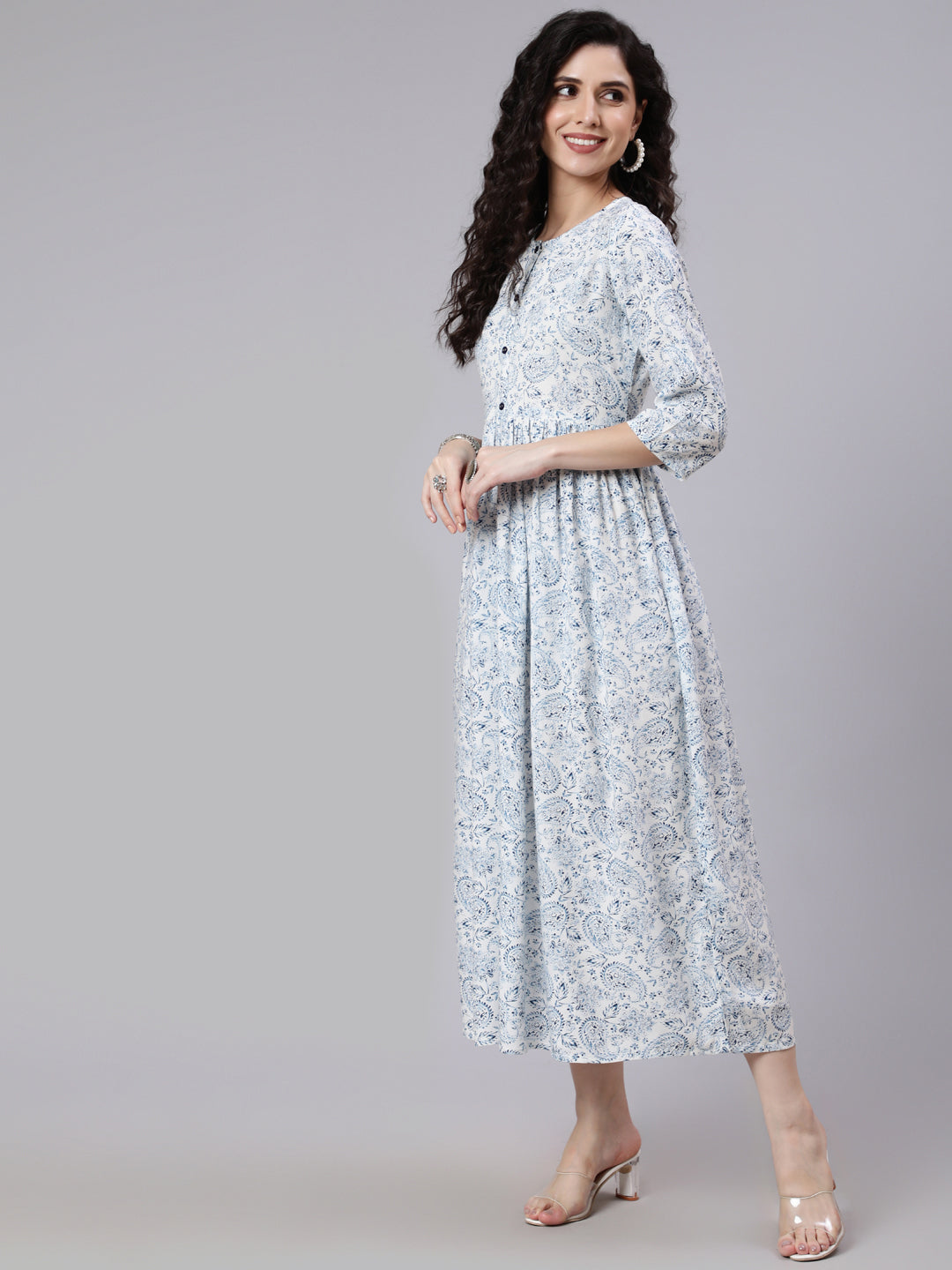 White And Blue Ethnic Printed Flared Dress