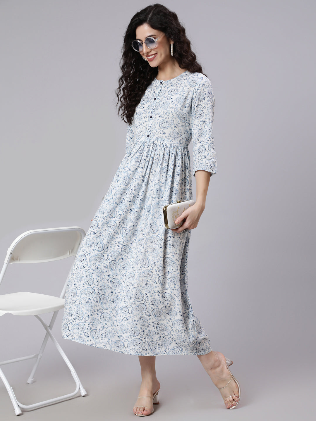 White And Blue Ethnic Printed Flared Dress