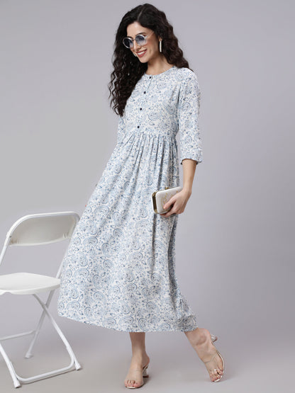 White And Blue Ethnic Printed Flared Dress