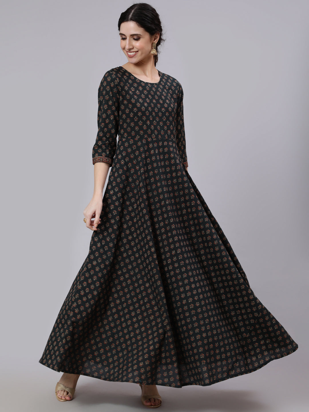 Green Ethnic Printed Flared Dress With Three Quarter Sleeves