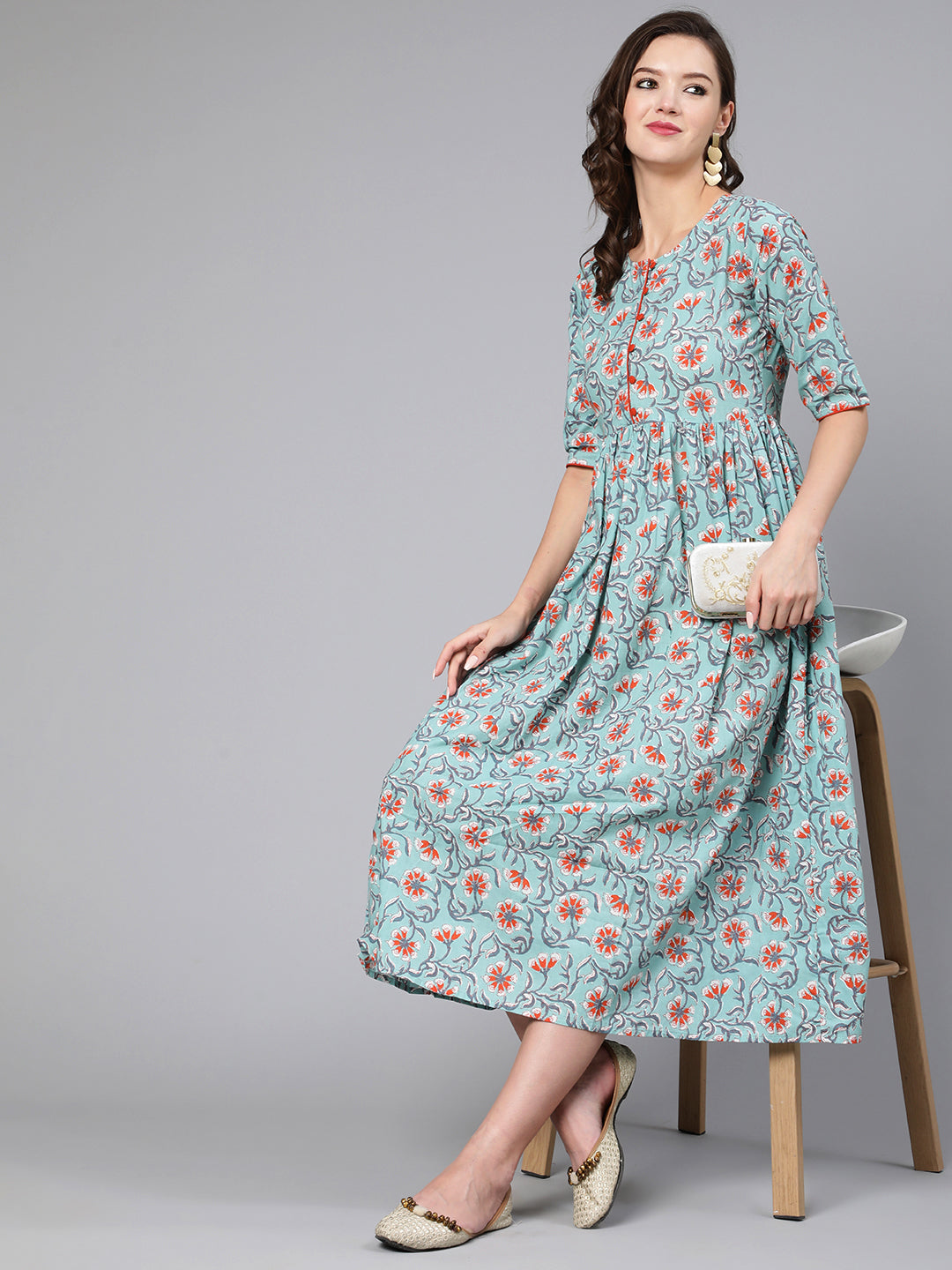 Green Floral Printed Flared Dress With Three Quarter Sleeves