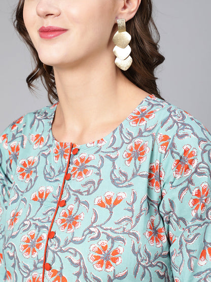 Green Floral Printed Flared Dress With Three Quarter Sleeves