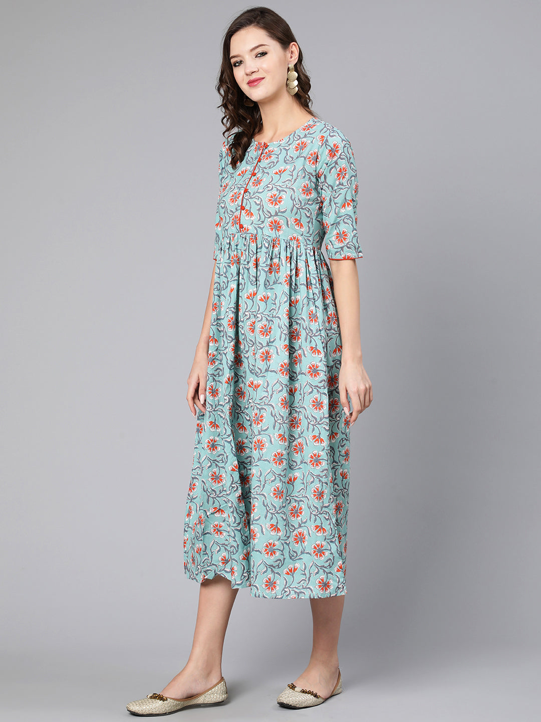 Green Floral Printed Flared Dress With Three Quarter Sleeves