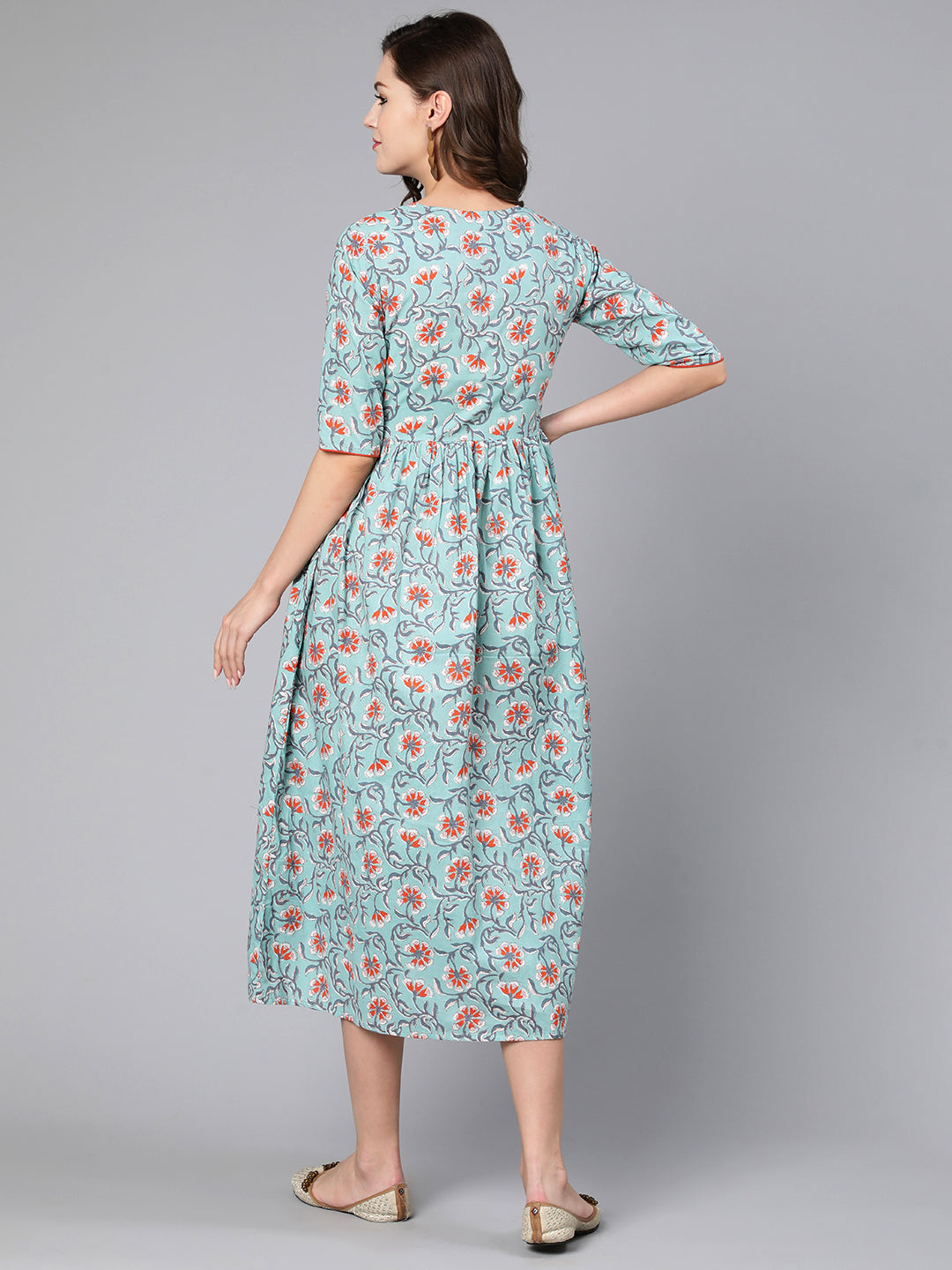 Green Floral Printed Flared Dress With Three Quarter Sleeves