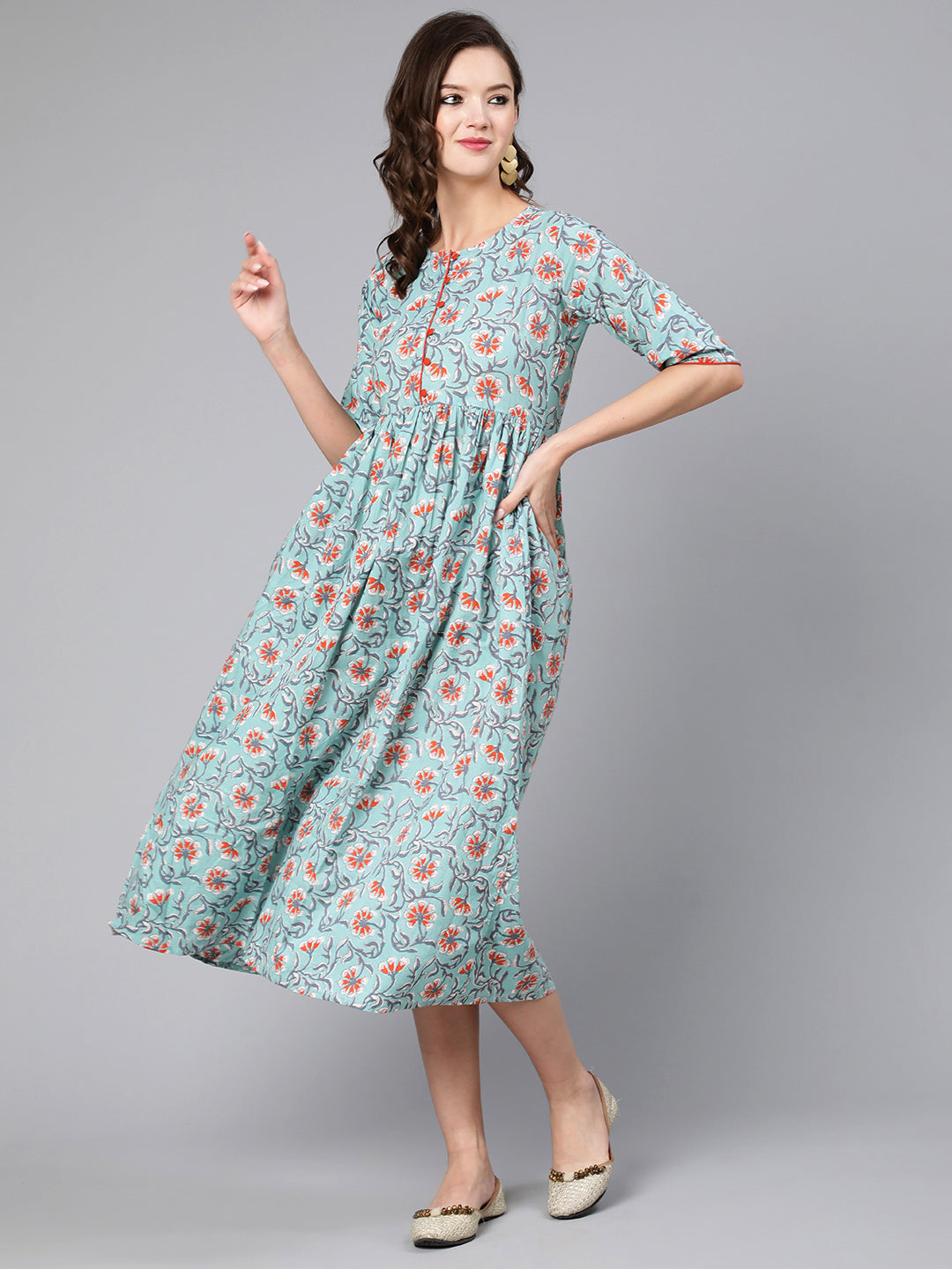 Green Floral Printed Flared Dress With Three Quarter Sleeves