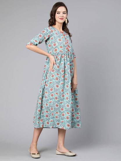 Green Floral Printed Flared Dress With Three Quarter Sleeves