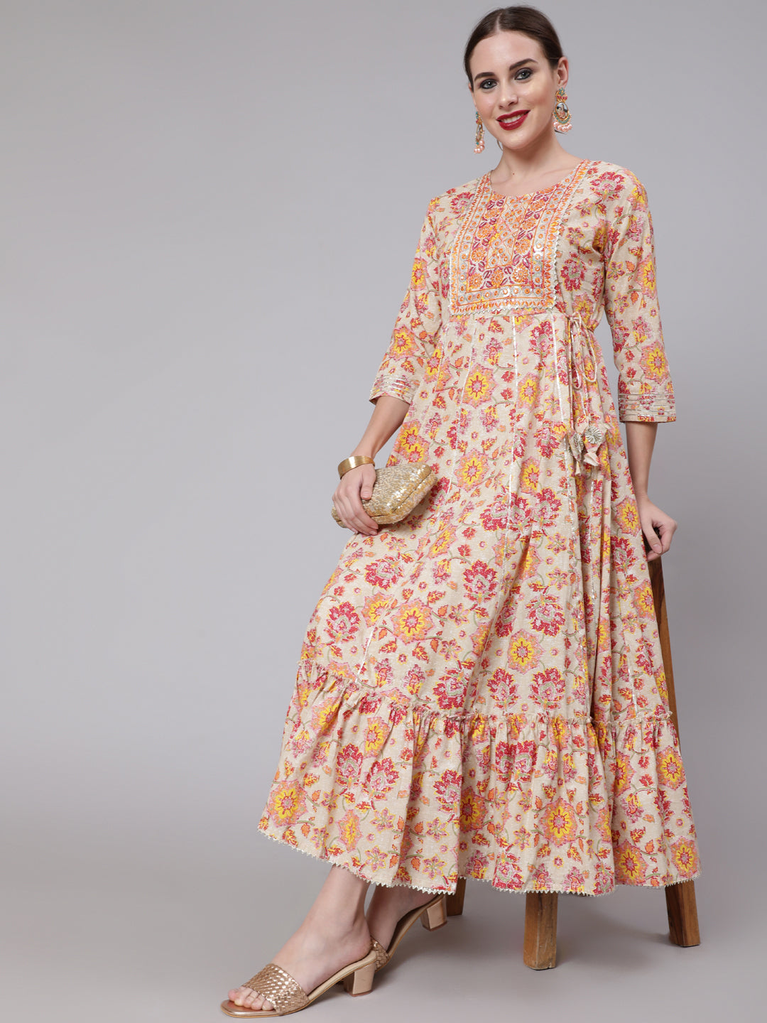 Multi Embroidered Printed Flared Dress With Three Quarter Sleeves