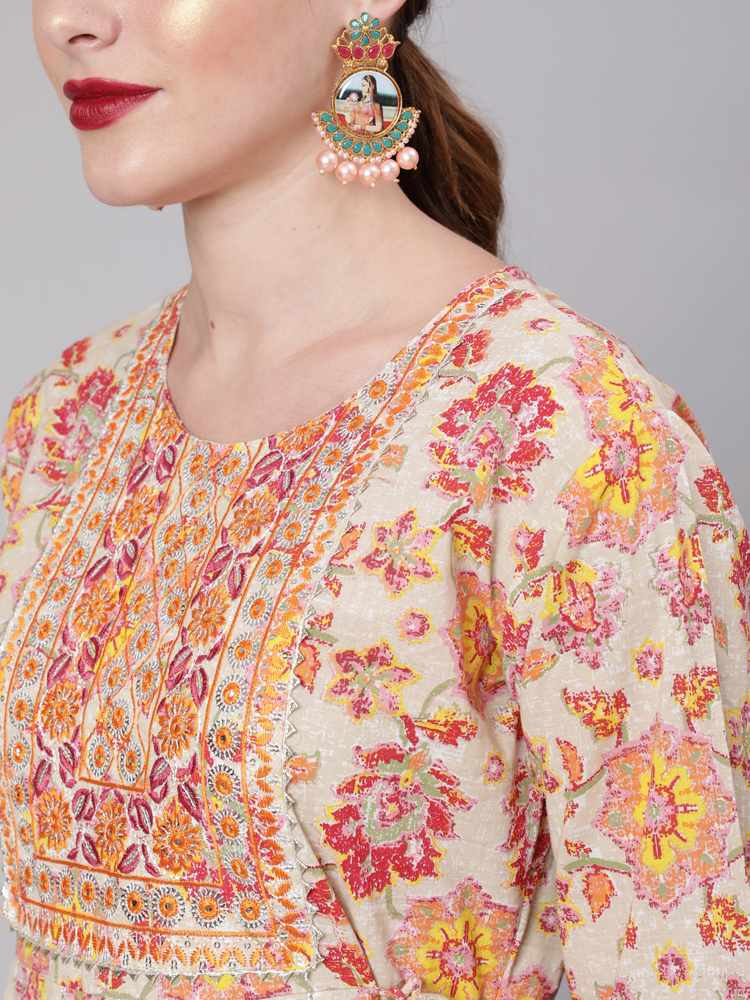 Multi Embroidered Printed Flared Dress With Three Quarter Sleeves