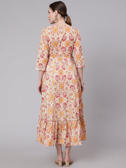 Multi Embroidered Printed Flared Dress With Three Quarter Sleeves