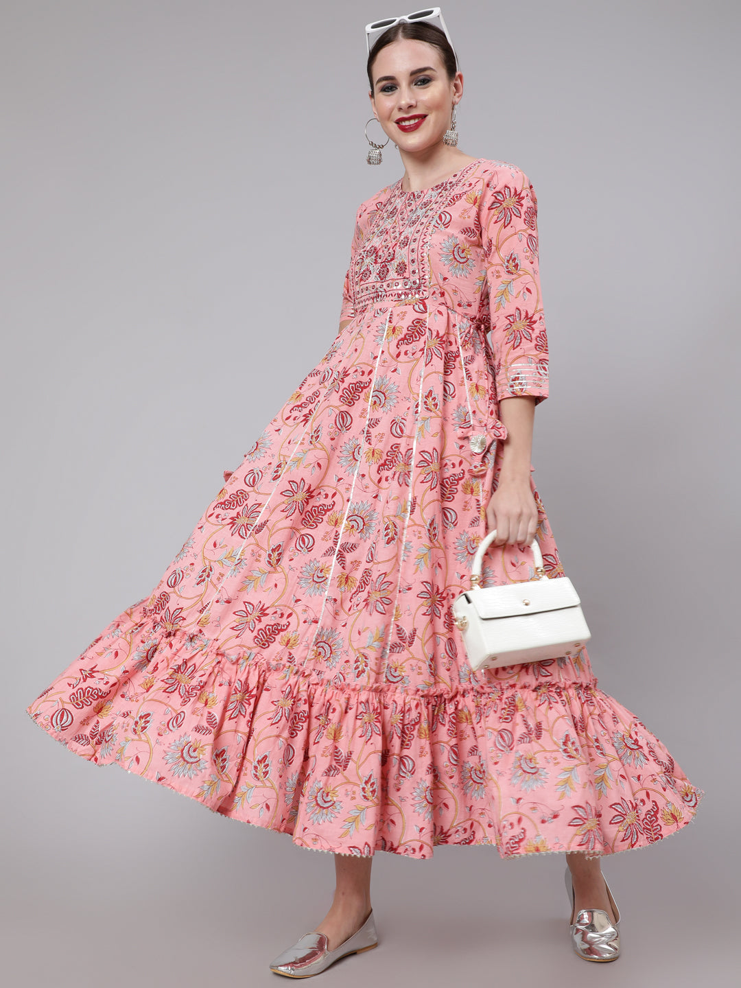 Peach Printed Embroidered Dress With Three Quarter Sleeves