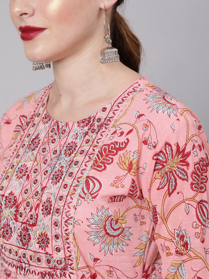 Peach Printed Embroidered Dress With Three Quarter Sleeves