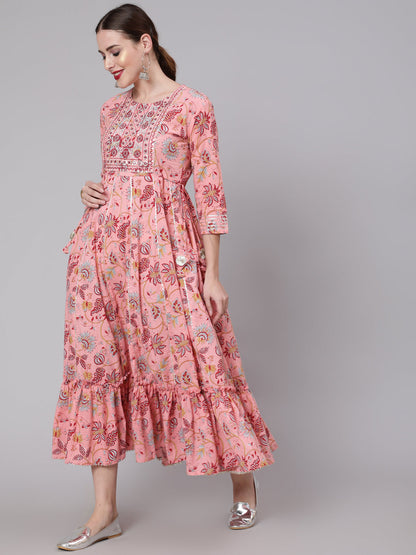 Peach Printed Embroidered Dress With Three Quarter Sleeves