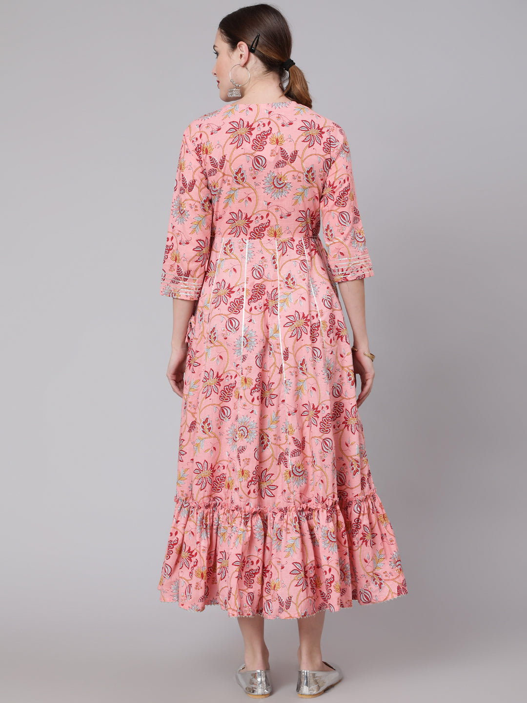 Peach Printed Embroidered Dress With Three Quarter Sleeves