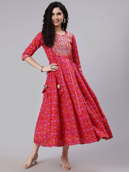 Pink Embroidered Flared Dress With Tesals Details