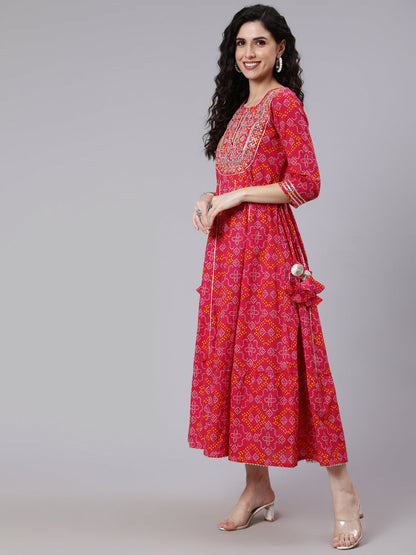 Pink Embroidered Flared Dress With Tesals Details