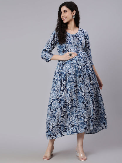 Blue Ethinc Printed Flared Maternity Dress