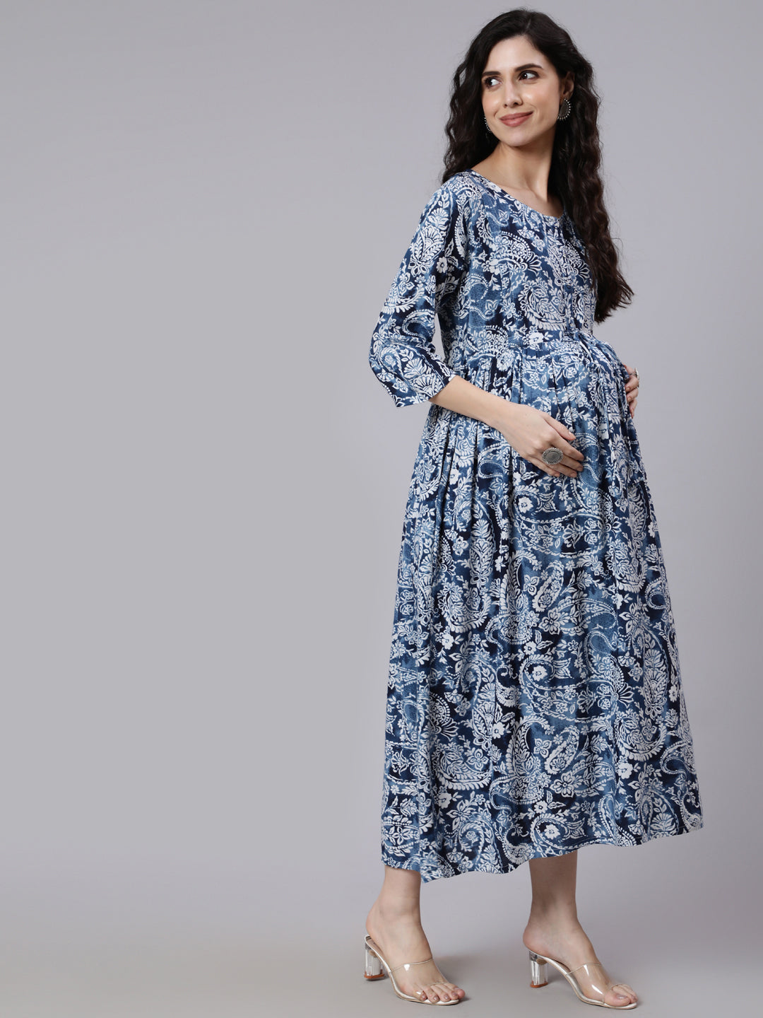 Blue Ethinc Printed Flared Maternity Dress