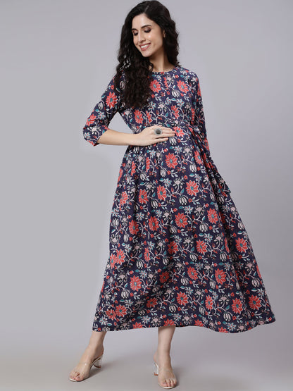 Blue Floral Printed Flared Maternity Dress