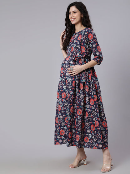 Blue Floral Printed Flared Maternity Dress