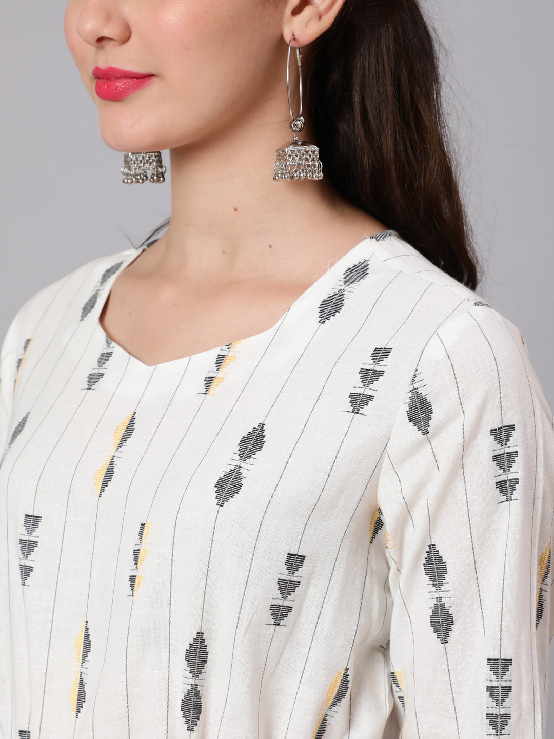 White Geometric Printed Flared Dress