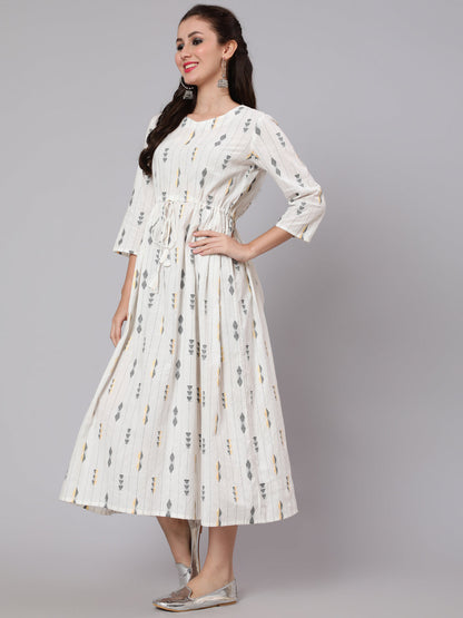 White Geometric Printed Flared Dress