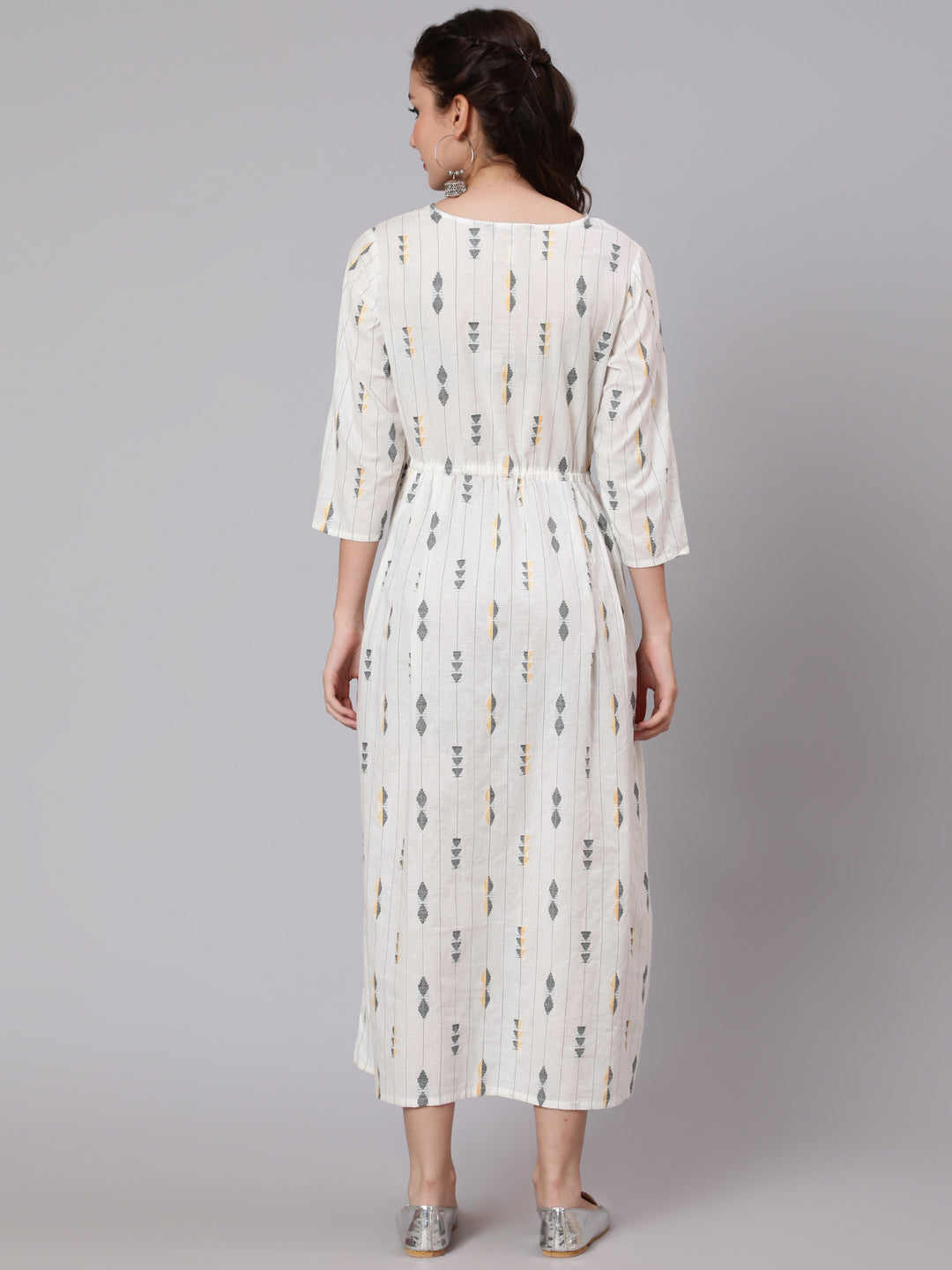 White Geometric Printed Flared Dress