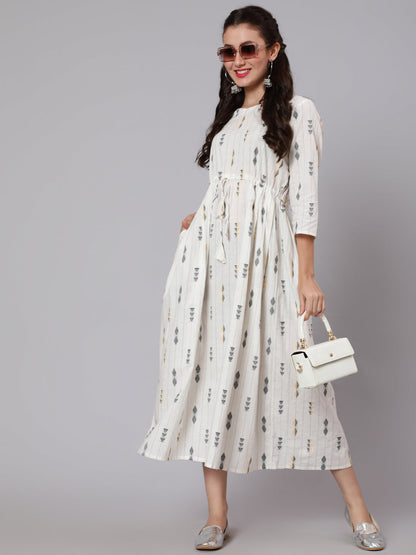 White Geometric Printed Flared Dress