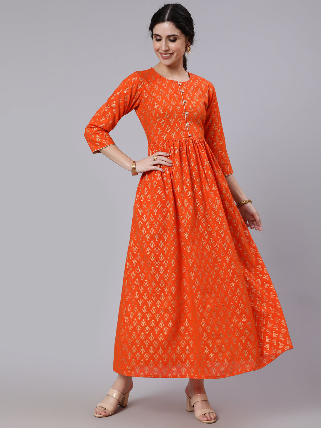 Orange Ethnic Printed Gathered Dress