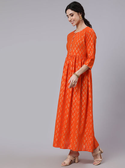 Orange Ethnic Printed Gathered Dress