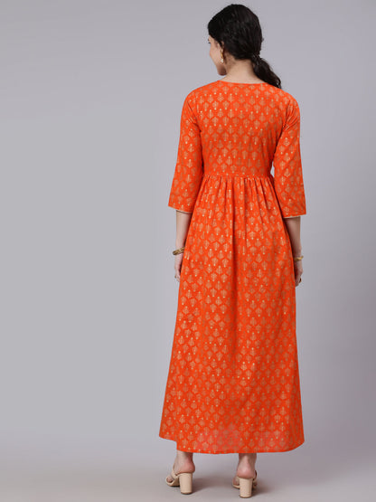 Orange Ethnic Printed Gathered Dress