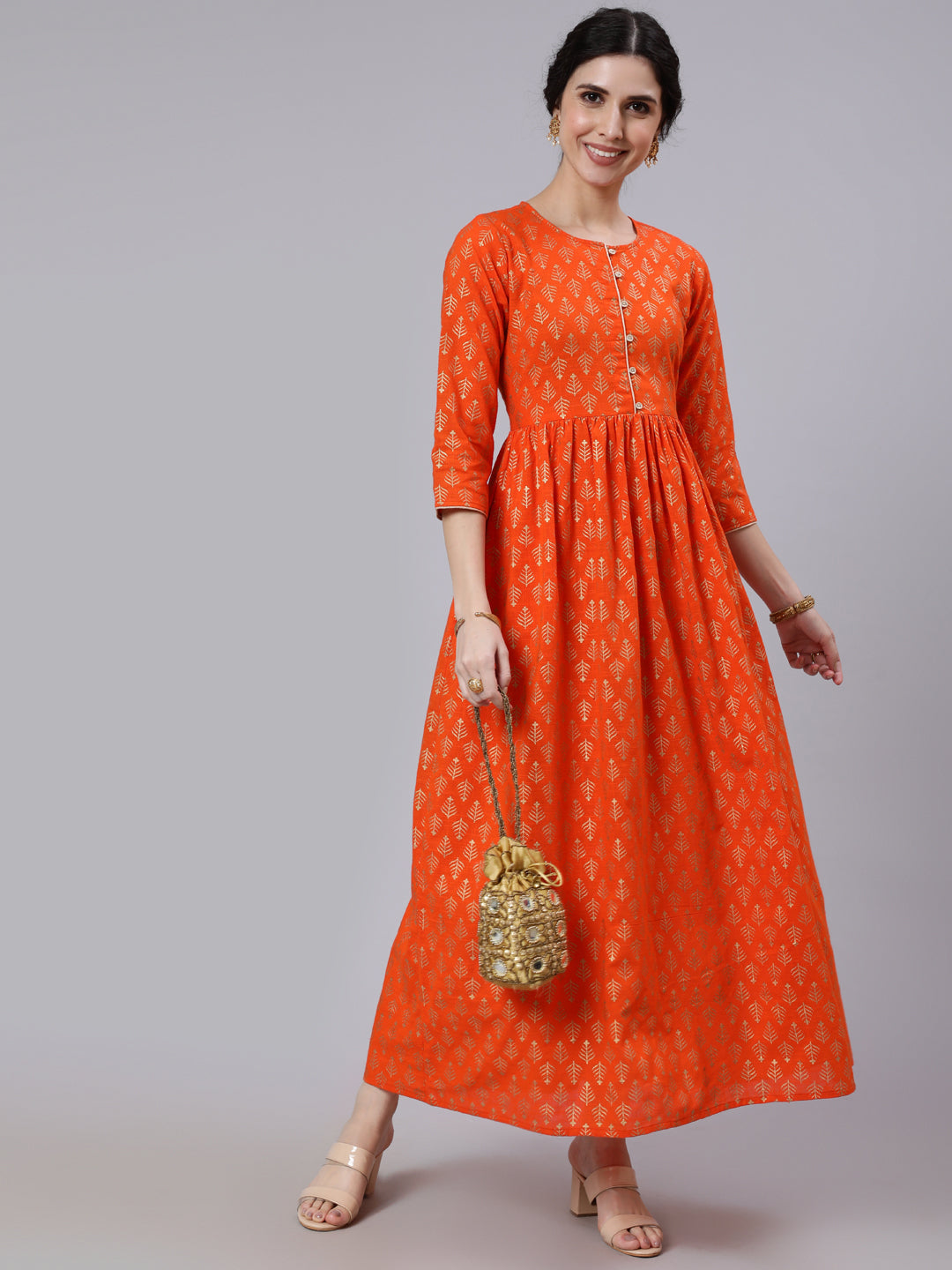 Orange Ethnic Printed Gathered Dress