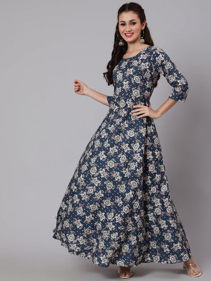 Blue Floral Printed Flared Dress