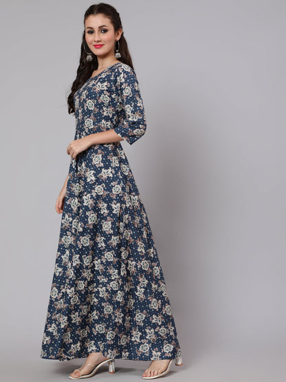 Blue Floral Printed Flared Dress