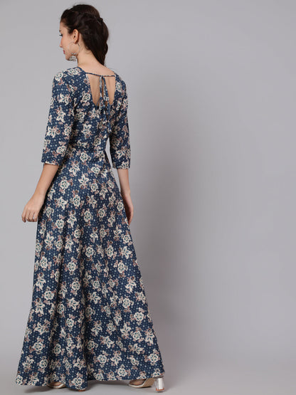 Blue Floral Printed Flared Dress