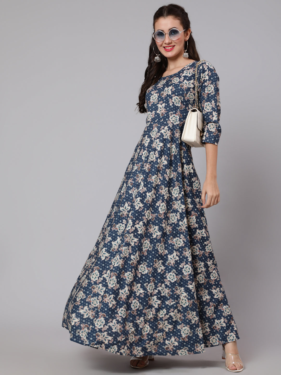 Blue Floral Printed Flared Dress