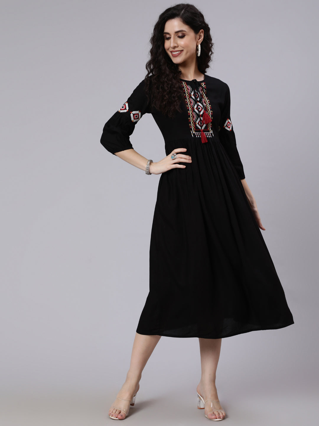 Black Solid Embroidered Yoke Design Dress