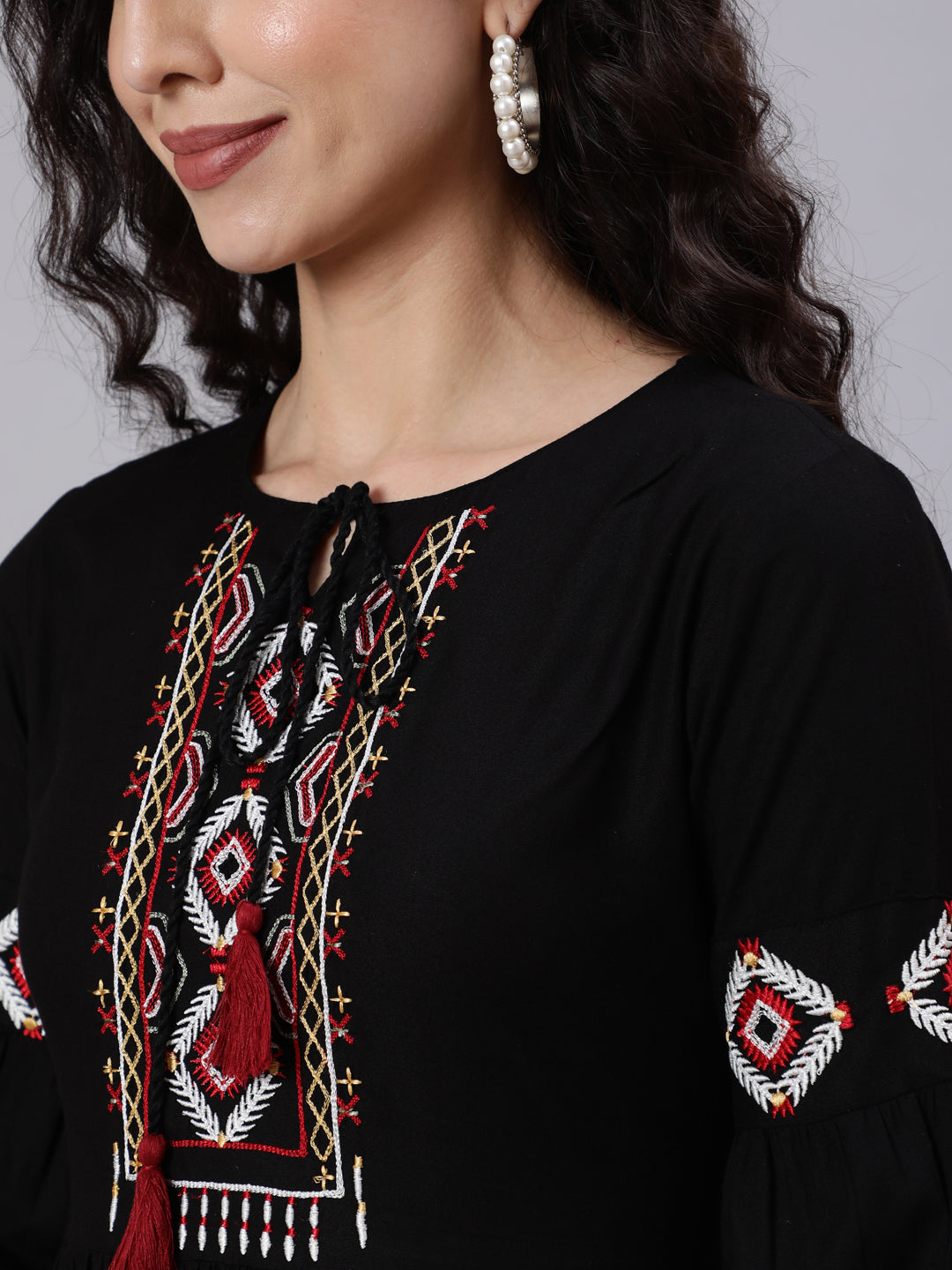 Black Solid Embroidered Yoke Design Dress