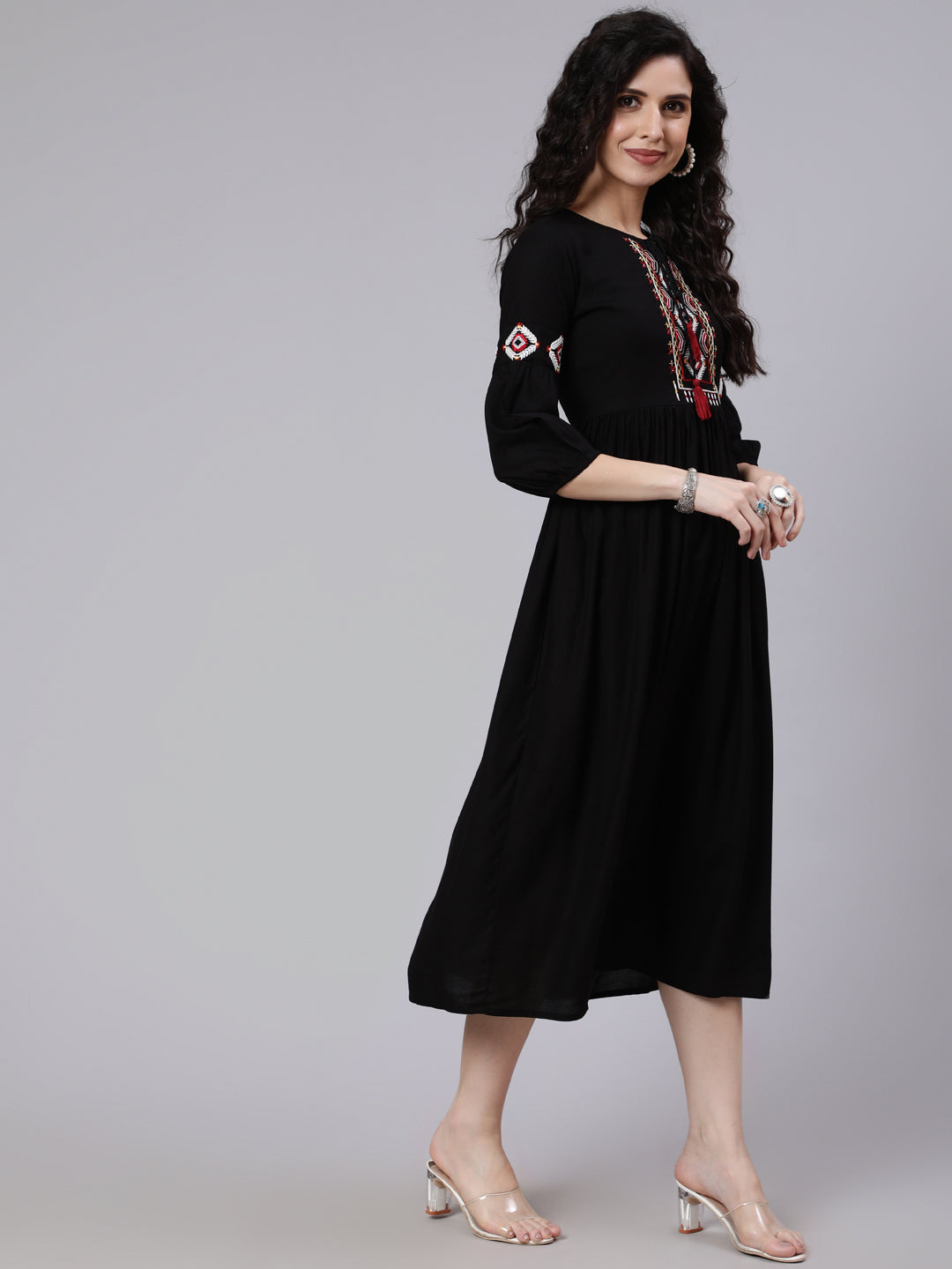 Black Solid Embroidered Yoke Design Dress