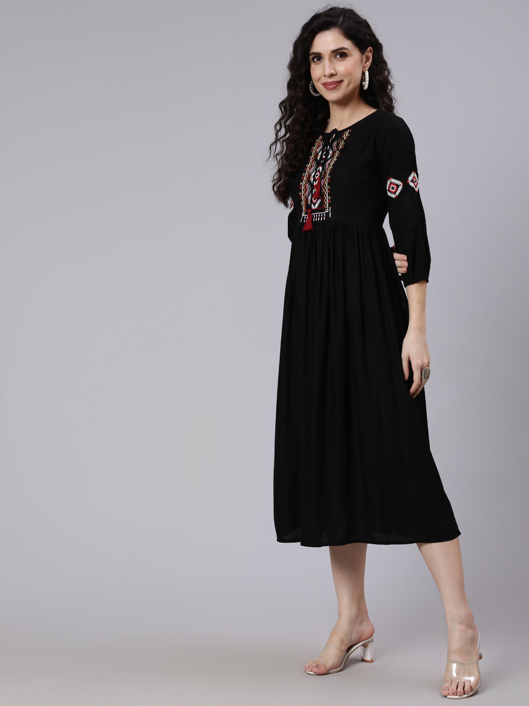 Black Solid Embroidered Yoke Design Dress