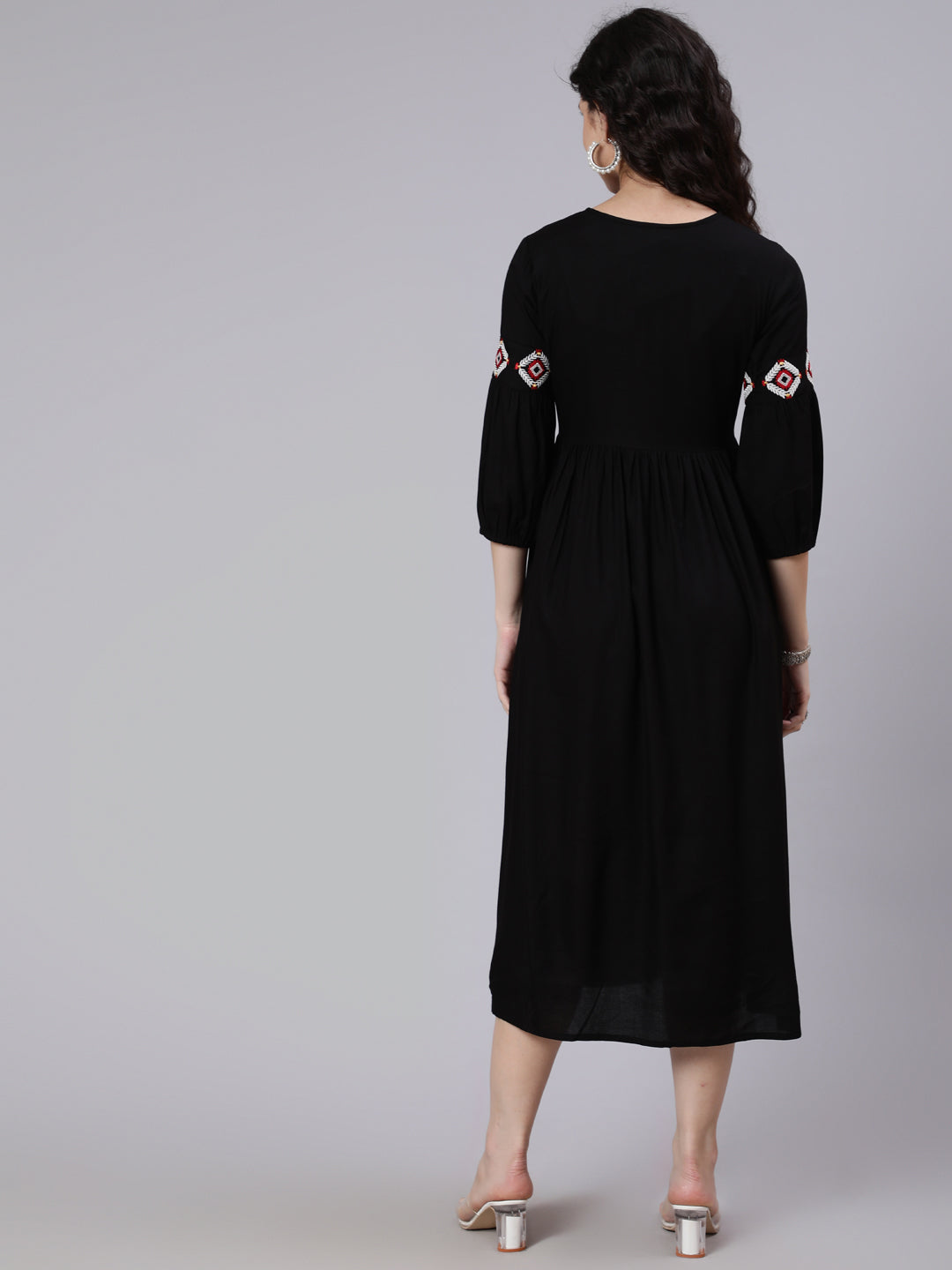 Black Solid Embroidered Yoke Design Dress