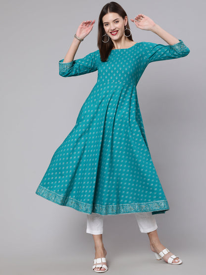 Green Ethnic Printed Dress With Three Quarter Sleeves