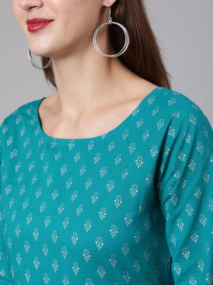 Green Ethnic Printed Dress With Three Quarter Sleeves