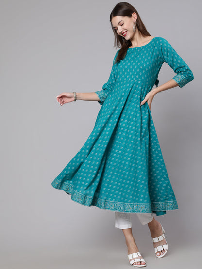 Green Ethnic Printed Dress With Three Quarter Sleeves