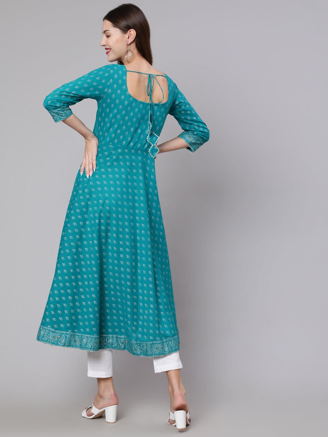 Green Ethnic Printed Dress With Three Quarter Sleeves