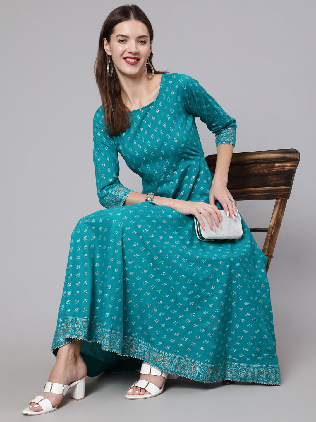 Green Ethnic Printed Dress With Three Quarter Sleeves