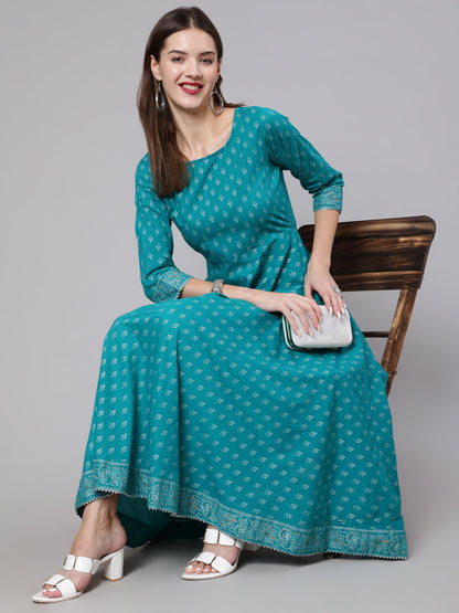 Green Ethnic Printed Dress With Three Quarter Sleeves